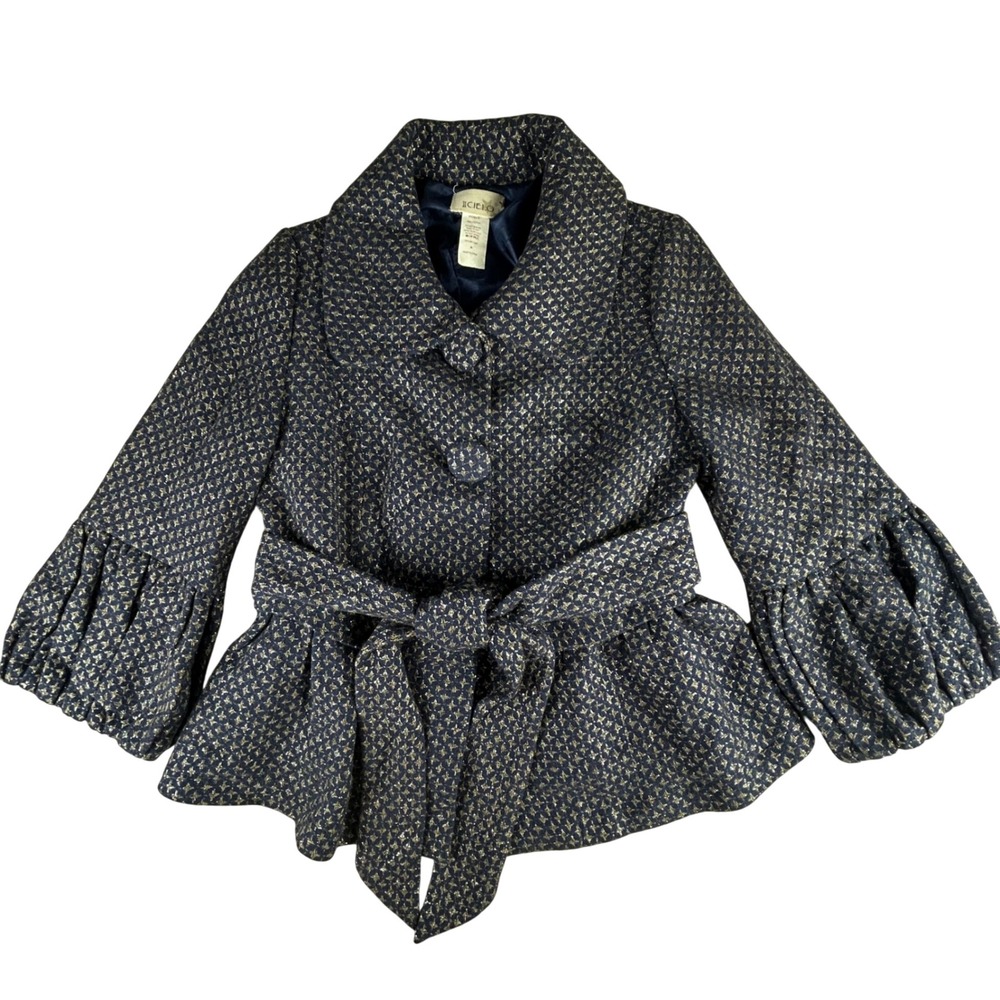 II Cielo Womens Navy Gold Brocade Metallic Star Peplum Jacket Bell Sleeve Size M